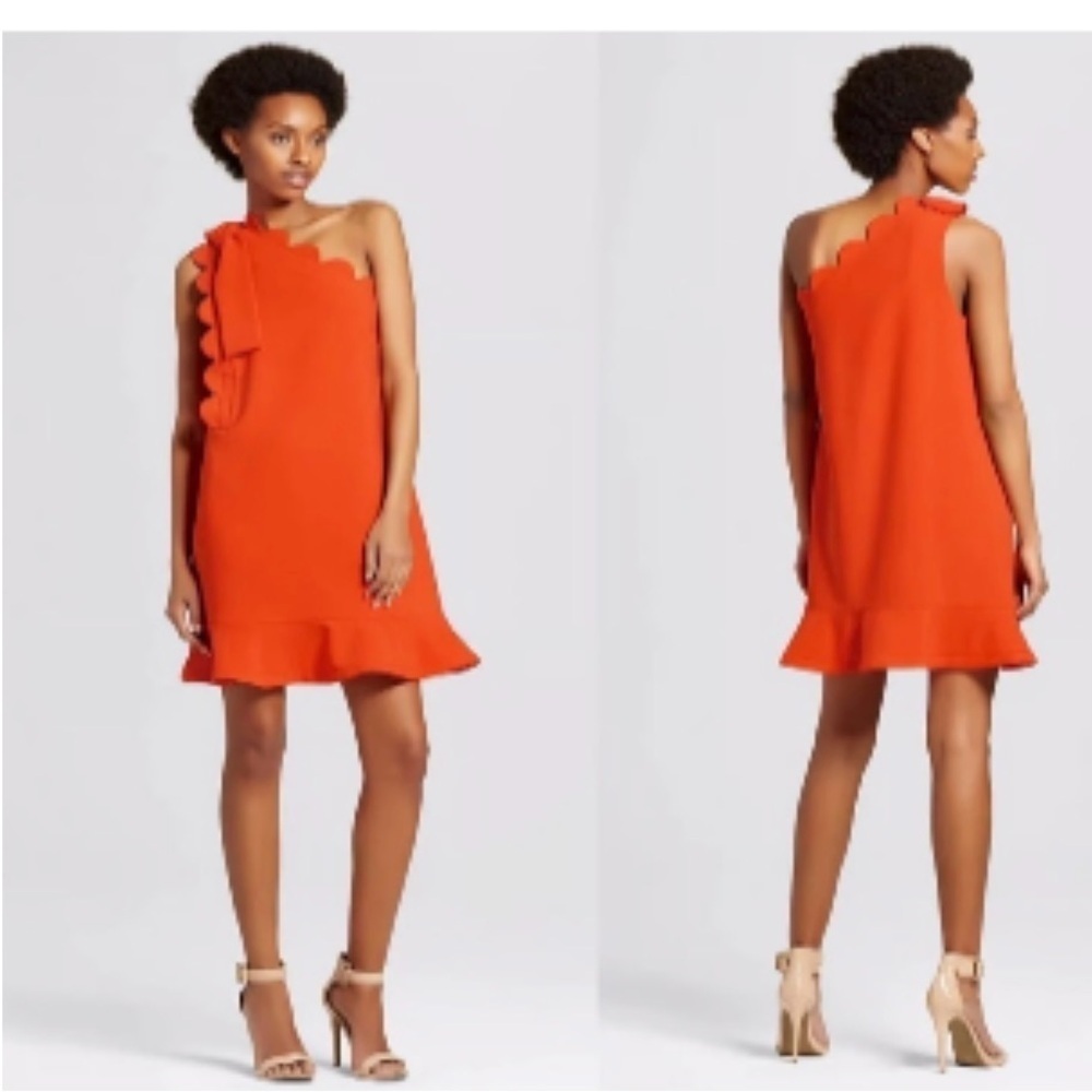 Victoria Beckham Target Orange Scallop One Shoulder Dress XS Ruffle Bow